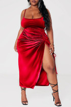 Красное сексуальное однотонное лоскутное платье с разрезом и бретельками на бретельках, платья