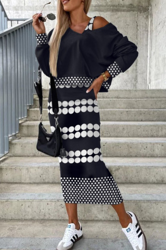 Black White Casual Print Patchwork O Neck Long Sleeve Two Pieces