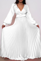 ホワイト エレガント ソリッド パッチワーク ベルト付き ストレート ドレス