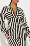 Black And White Casual Striped Print Shirt Collar Long Sleeve Two Pieces