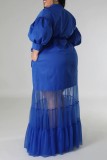 Vestido largo con cuello camisero y estampado liso informal azul Vestidos de talla grande