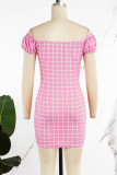 ピンク カジュアル チェック柄 プリント パッチワーク 小帯 V ネック 半袖 ドレス