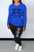 Blue Casual Letter Print Basic O Neck Long Sleeve Two Pieces