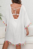 Vestido de playa con cuello en O, informal, liso, con borlas y retazos, color blanco, tallas grandes