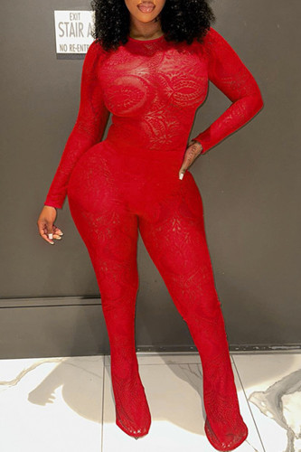 Red Sexy Solid Lace Hollowed Out Patchwork See-through O Neck Long Sleeve Two Pieces