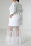 ホワイトカジュアルソリッドパッチワークシャツカラーロングドレスプラスサイズドレス