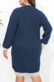 Blå Casual Patchwork Kontrast V-hals långärmade klänningar i plusstorlek (utan bälte)