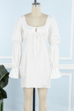 ホワイト カジュアル ソリッド 小帯 スクエア カラー ロング スリーブ ドレス