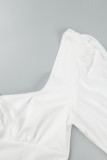 Branco casual sólido frênulo gola quadrada vestidos de manga comprida