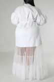 Robe longue décontractée blanche à col chemise en patchwork uni, robes de grande taille