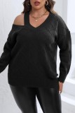 Camel Casual Solid Hollowed Out V Neck Plus Size Tops