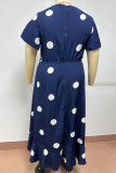 Tibetan Blue Casual Dot Print Patchwork V Neck Short Sleeve Dress Plus Size Dresses