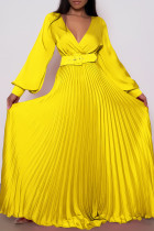 黄色のエレガントな固体パッチワーク ベルト付きストレート ドレス