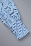 Due pezzi azzurri casual con fibbia solida colletto alla coreana manica lunga