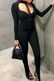 Zwarte Sexy Effen Uitgeholde Patchwork Rits Skinny Jumpsuits