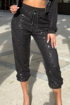 Black Casual Patchwork Sequins Regular High Waist Conventional Patchwork Trousers