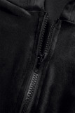 ブラックカジュアルソリッドパッチワークジッパーフード付きカラー長袖ツーピース