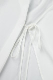 ホワイト カジュアル ソリッド パッチワーク 小帯 V ネック長袖プラス サイズ ドレス