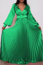 Grüne, elegante, solide Patchwork-Kleider mit geradem Gürtel
