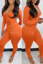 Orangefarbener, lässiger, einfarbiger, rückenfreier Skinny-Jumpsuit mit V-Ausschnitt