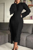 Black Casual Solid Tassel Patchwork O Neck Straight Dresses