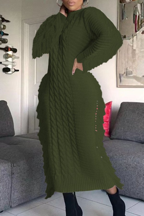 Армейско-зеленые повседневные однотонные пэчворк-платья с круглым вырезом и кисточками, прямые платья
