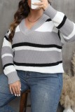 Dark Coffee Casual Striped Patchwork V Neck Plus Size Tops