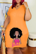 Orange Casual Print Basic V-ringad kortärmad klänning