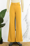 Pantalon décontracté solide jaune terre avec ceinture, slim, taille haute, couleur unie conventionnelle