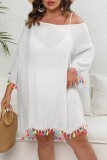 Белое повседневное однотонное пляжное платье с кисточками и круглым вырезом в стиле пэчворк Платья больших размеров