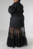 Vestido largo con cuello camisero de retazos lisos informal negro Vestidos de talla grande