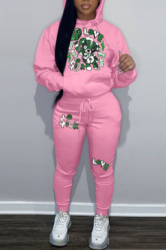 Pink Casual Graphics Print Long Sleeve Hooded Collar Sweatshirt And Pants Sportwear Plus Size Two Piece Jogger Set
