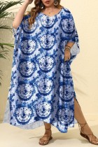 Blaues, lässig bedrucktes, langes Kleid mit Schlitz und Kleider in Übergröße