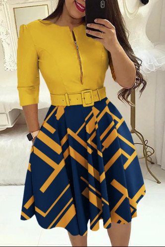 Orange Elegant Plaid Geometric Striped Patchwork With Belt Printing Zipper O Neck A Line Dresses