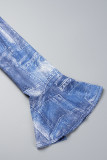 Due pezzi a maniche lunghe con scollo a V con stampa casual blu