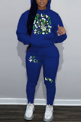 Blue Casual Graphics Print Long Sleeve Hooded Collar Sweatshirt And Pants Sportwear Plus Size Two Piece Jogger Set