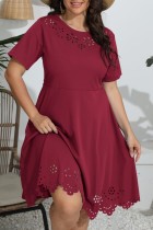 Пурпурно-красное повседневное однотонное платье с круглым вырезом и коротким рукавом, платья больших размеров