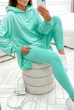 Lake Blue Casual Solid Slit Hooded Collar Tops