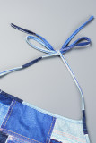 Blu royal sexy stampa fasciatura backless halter senza maniche due pezzi