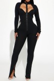 Schwarze, sexy, einfarbige, ausgehöhlte Patchwork-Reißverschluss-Skinny-Jumpsuits