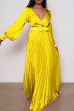 黄色のエレガントな固体パッチワーク ベルト付きストレート ドレス