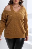 Grey Casual Solid Hollowed Out V Neck Plus Size Tops