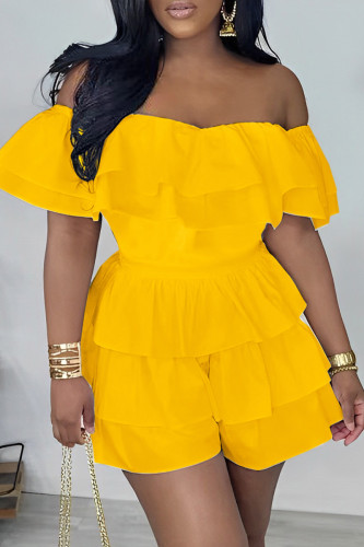 Yellow Casual Solid Patchwork Backless Ruffle Hem Off the Shoulder Regular Romper