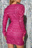 Rose Red Sexy Casual Patchwork Sequins V Neck Long Sleeve Dresses