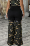 Camouflage Casual Street Camouflage Print Patchwork Contrast Boot Cut Mid Waist Speaker Patchwork Bottoms