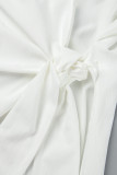 Weiße, lässige, solide Patchwork-Frenulum-Kleider mit V-Ausschnitt und langen Ärmeln in Übergröße