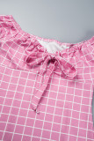Rosafarbenes, lässiges, kurzärmliges Patchwork-Frenulum-Kleid mit Karomuster und V-Ausschnitt