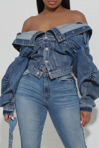 Giacca di jeans regolare a maniche lunghe con colletto rovesciato e bottoni con fibbia tascabile patchwork solido azzurro
