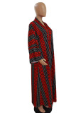Fluorescent Red Casual Street Print Patchwork Cardigan Collar Plus Size Overcoat