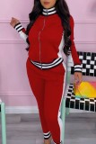 Red Casual Striped Patchwork Contrast Zipper Collar Long Sleeve Two Pieces
